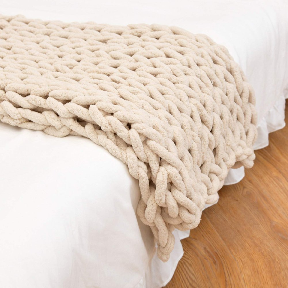 Chunky Knit Blanket Chenille Beige, Handmade Chunky Throw Blankets Bulky Soft Fluffy Oversized Cable Braided Hand Knotted Throw for Sofa, Boho Gift -24x31inch