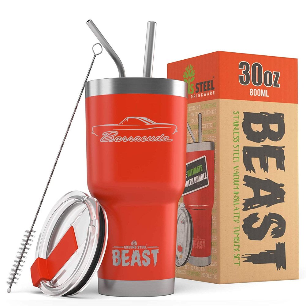 1967 1968 1969 Plymouth Barracuda Hardtop Beast 30 oz Stainless Steel Insulated Tumbler w/Lid, 2 Straws, Brush and Gift Box red
