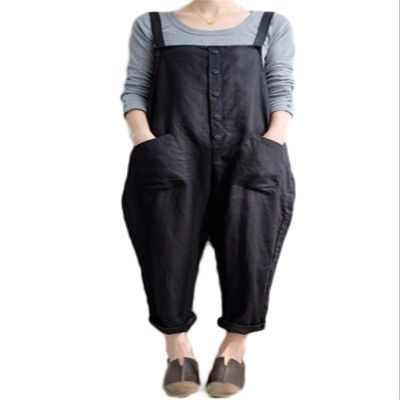 Andongnywell Women's Fashion Casual Slim Fit Baggy Suspenders Cotton Linen Overalls Jumpsuit with Pockets Trousers (Black,Large)