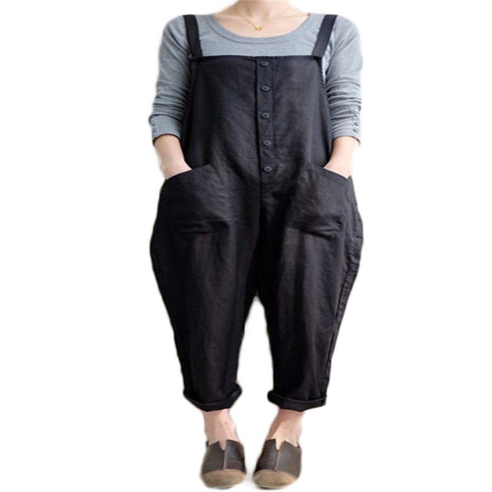 Andongnywell Women's Fashion Casual Slim Fit Baggy Suspenders Cotton Linen Overalls Jumpsuit with Pockets Trousers (Black,Large)