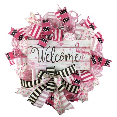 Artisan "Welcome" Flamingo Beach, Coastal Wreath for Front Door Outside or Inside Decorations. Very Full, Made with Weather Resistant Jute & Mesh.