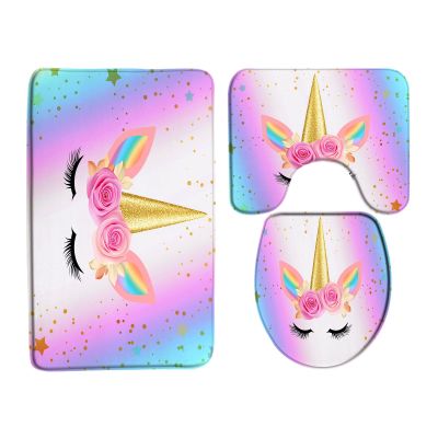 3 Piece Bath Rug Mat Sets Fantasy Magic Head Pink Rose Flower Rainbow Romantic Twinkle Star Cartoon Animal Kids Girl Baby Bathroom Doormat Rugs, Toilet Seat Cover, U-Shaped Toilet Floor Mat
