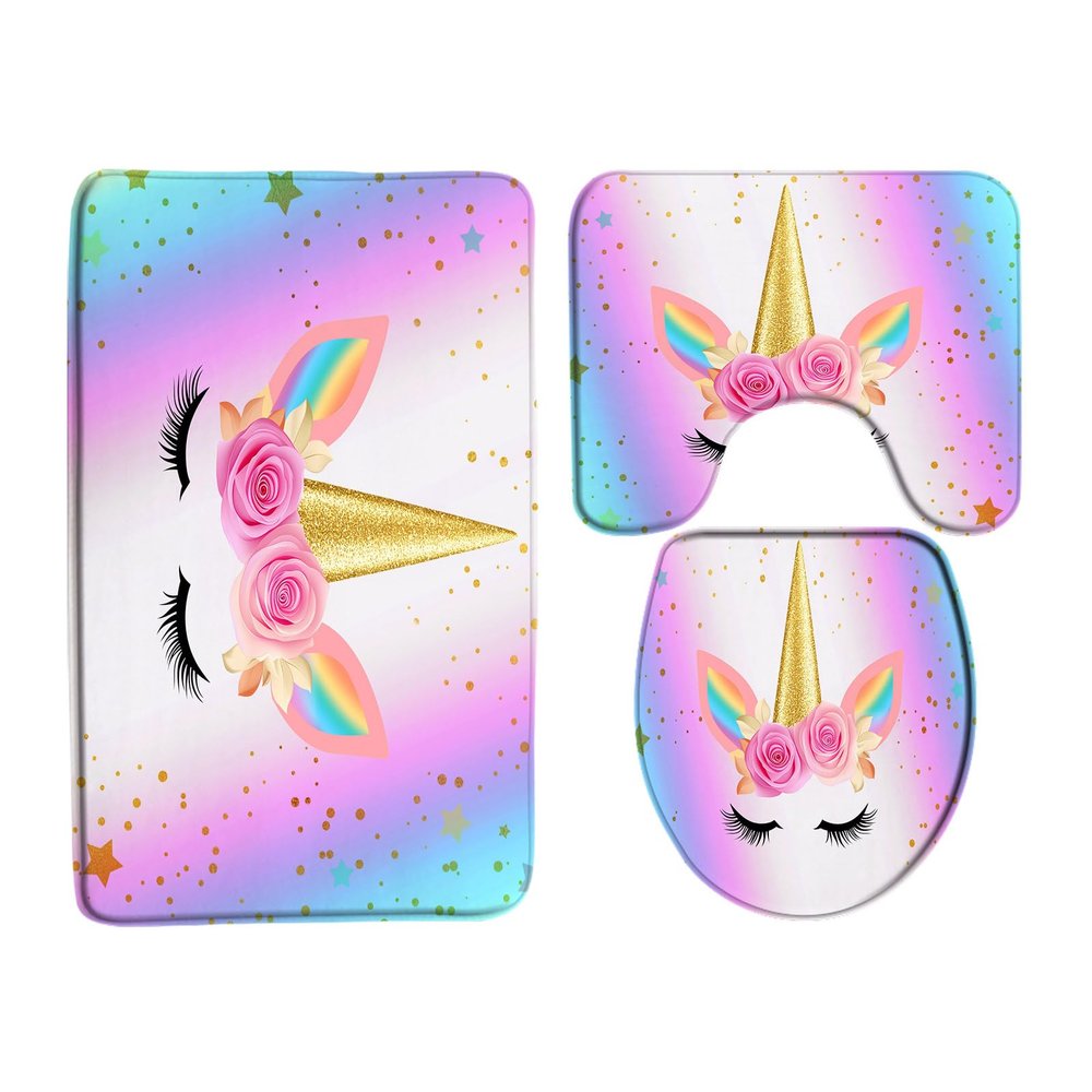 3 Piece Bath Rug Mat Sets Fantasy Magic Head Pink Rose Flower Rainbow Romantic Twinkle Star Cartoon Animal Kids Girl Baby Bathroom Doormat Rugs, Toilet Seat Cover, U-Shaped Toilet Floor Mat