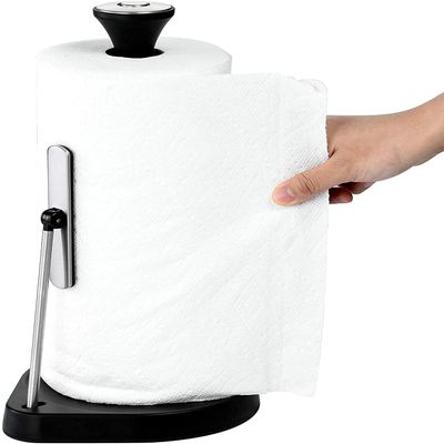 Hystun Single Tear Paper Towel Holder Countertop, Standing Paper Towel Holder Stainless Steel with Tension Arm, Easy to Tear Paper Roll Dispenser Stand for Kitchen Countertop & Bathroom