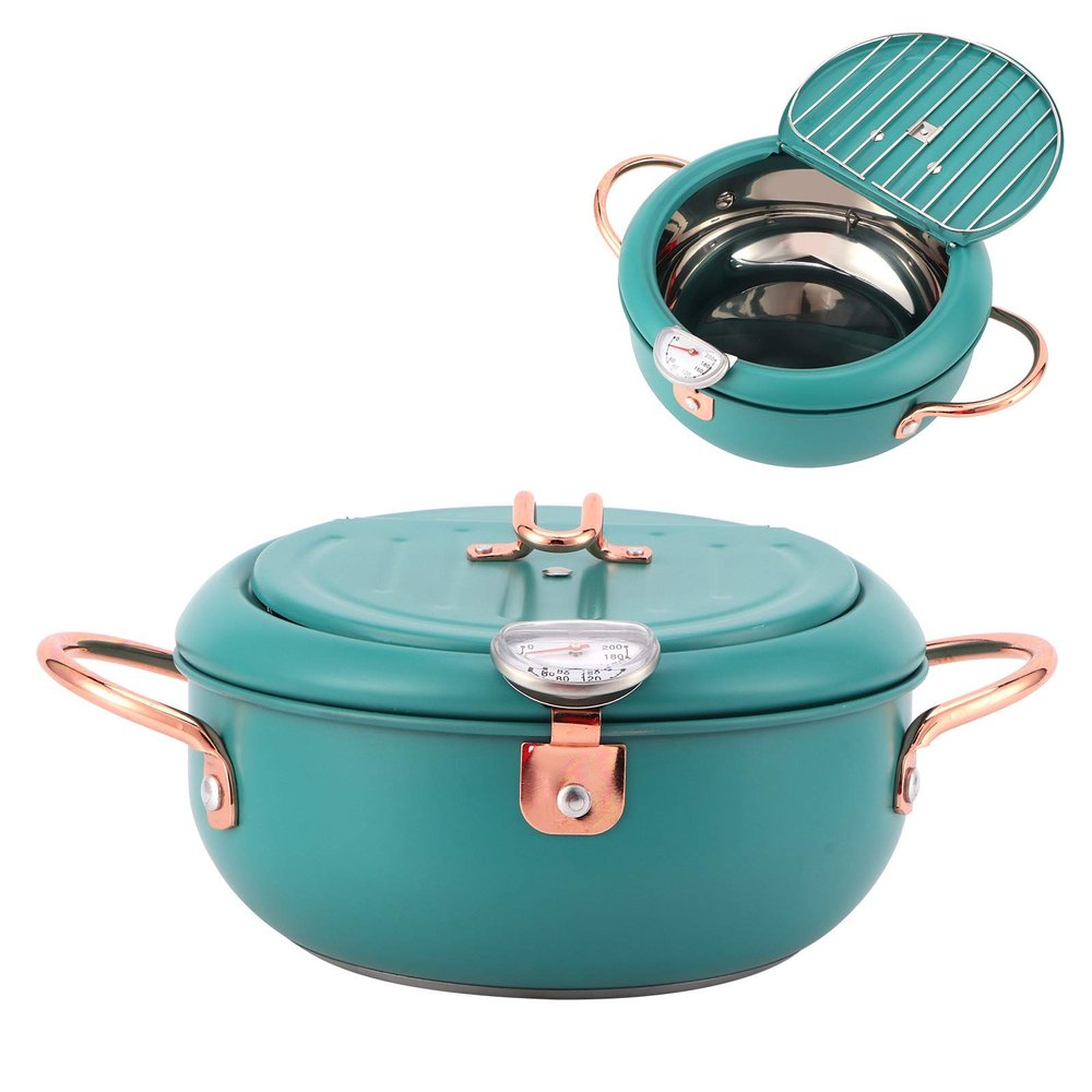 Deep Fryer Pot, Small Tempura Oil Fryer Deep Frying Pan Fryer Cooker with Thermometer & Oil Drip Rack Lid for Chicken French Fries