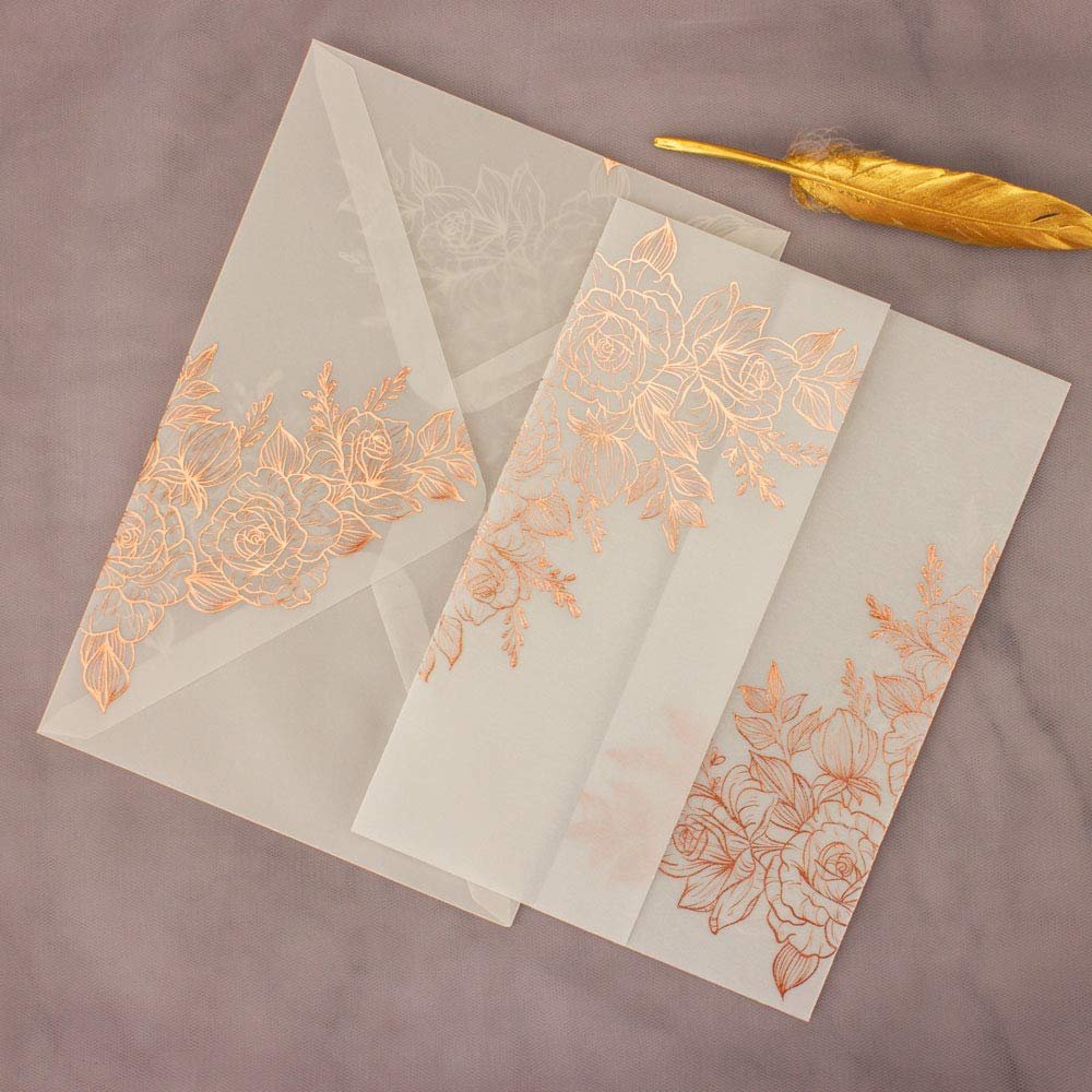 25 sets Rose Glod Foil Floral Embossing Vellum Wedding Invitations Cards with Vellum Envelopes Blank Inner Sheets for Bridal Shower Baby Shower Party Engagement Anniversary Invite Sweet 16 (rose gold)