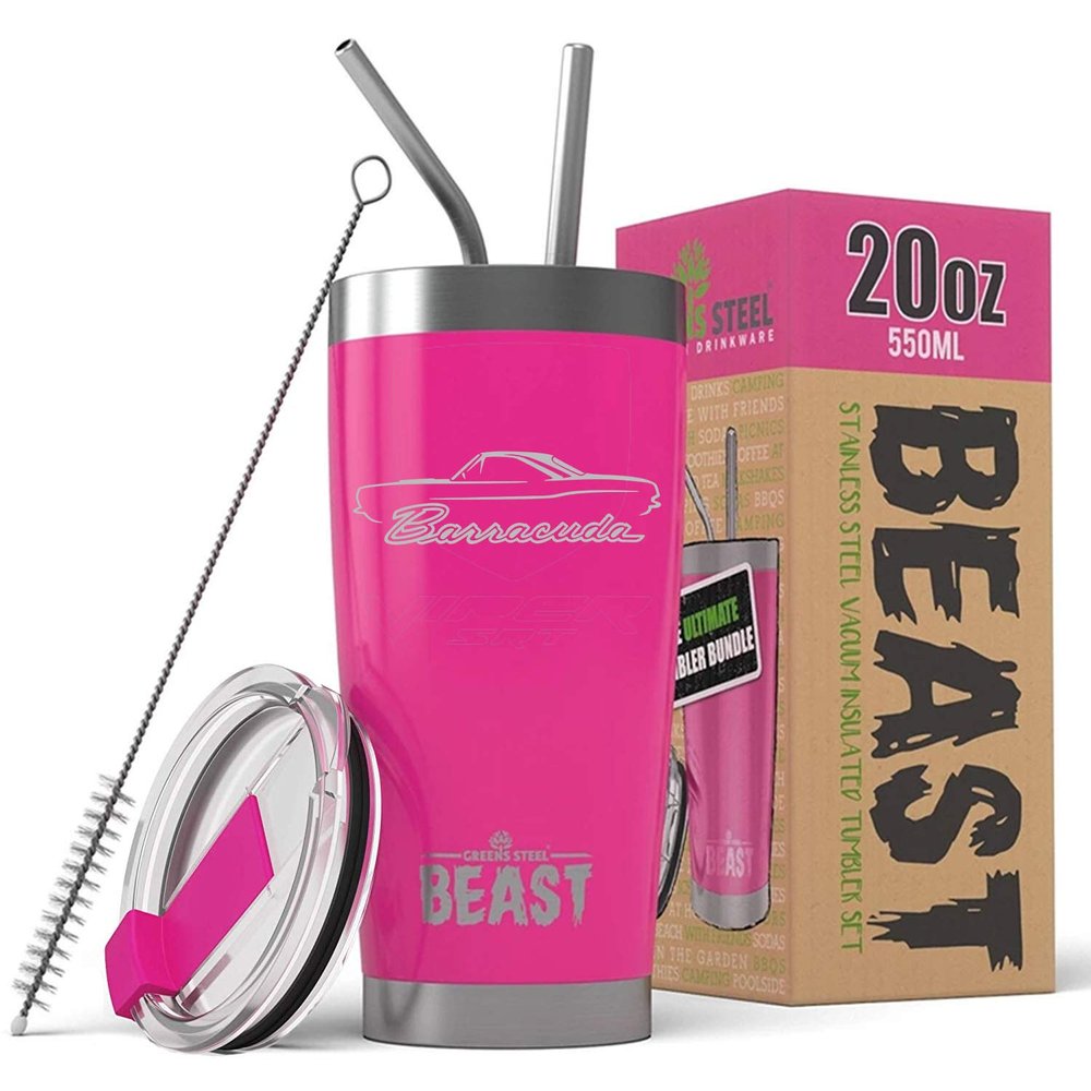1967 1968 1969 Plymouth Barracuda Hardtop Beast 20 oz Stainless Steel Insulated Tumbler w/Lid, 2 Straws, Brush and Gift Box hotpink