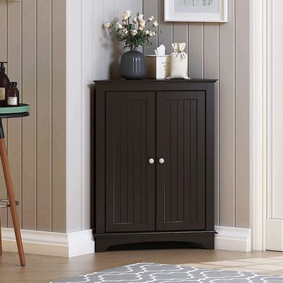 Spirich Floor Corner Cabinet with Two Doors and Shelves, Free-Standing Corner Storage Cabinets for Bathroom, Kitchen, Living Room, Espresso