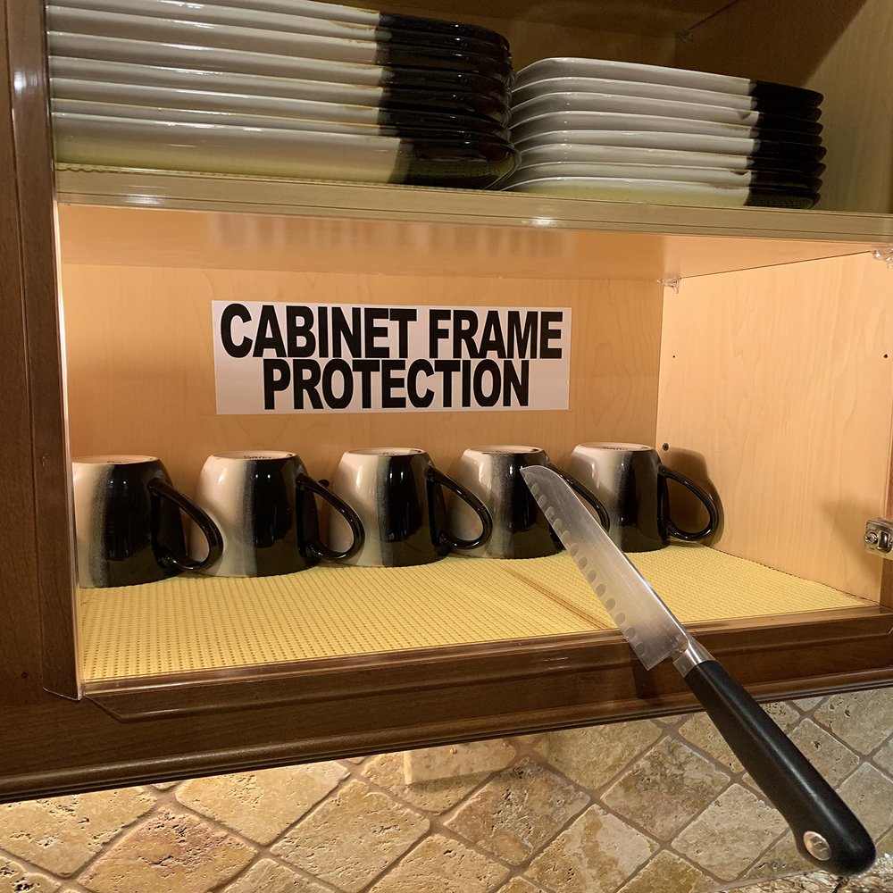 Clear Cabinet Guard - Door Protector. Fits Over Door Edge to Protect From Water, Nicks, and Daily Wear. Easily Trimmed. Self Gripping. No Adhesive. Prevents Damage to Kitchen Cabinets. 3/4"x33". 3/Pk