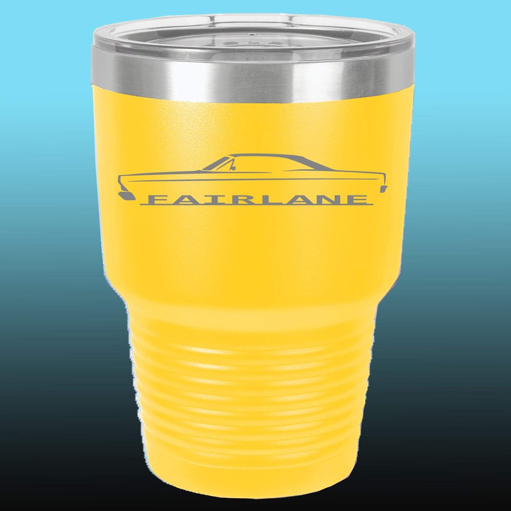 1966 1967 Ford Fairlane Hardtop 30oz Stainless Steel Tumbler w/Clear Lid yellow