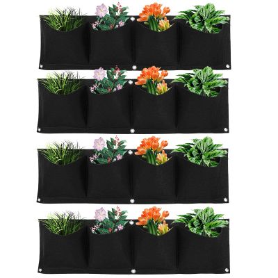 Atyhao Vertical Hanging Outdoor Wall Planter 4Pcs 4 Pocket Plant Grow Bag Wall Mounted Reusable Degradable Felt Garden Planter , Succulents Artificial Pl or Flowers. (Black)