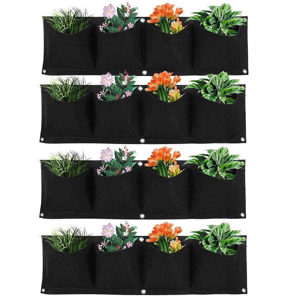 Atyhao Vertical Hanging Outdoor Wall Planter 4Pcs 4 Pocket Plant Grow Bag Wall Mounted Reusable Degradable Felt Garden Planter , Succulents Artificial Pl or Flowers. (Black)