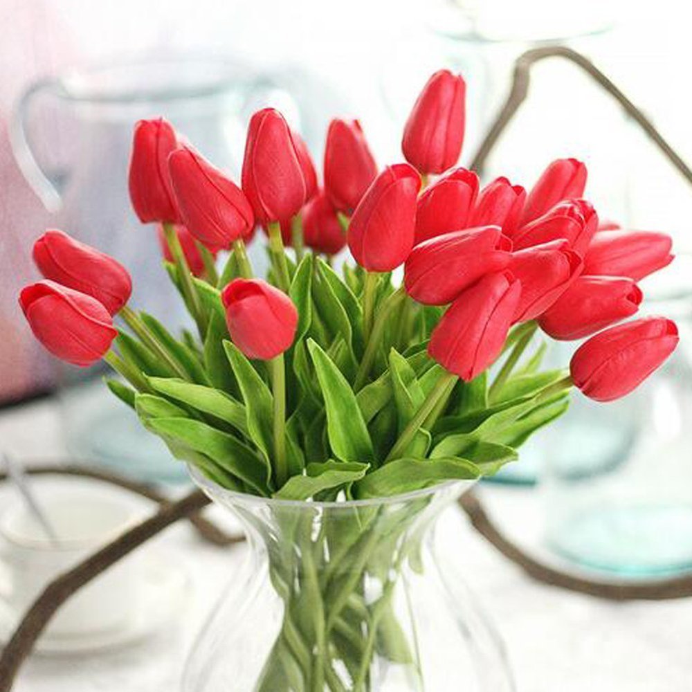 30 Pcs Artificial Tulip Flowers Real Touch Tulips Fake Flowers Wedding Bouquet for Home Wedding Decorations (Red)