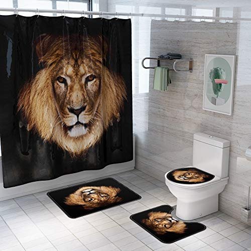 Bath Rugs Bathroom Accessory Sets Lion Tiger Wolf Printing Shower Curtain mat Four Sets of Bathroom Toilet Anti-Skid Absorbent Carpet Foreign Trade Four-Piece (Lion Head)