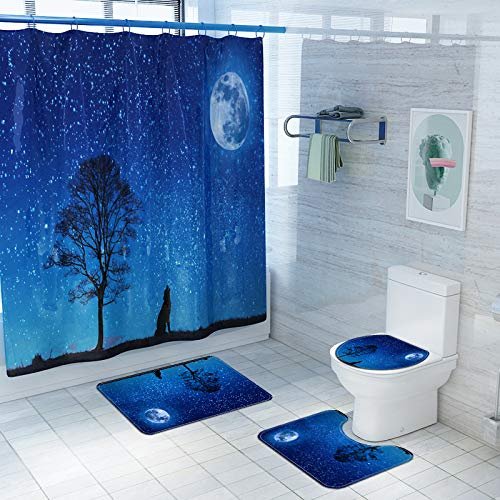 Bath Rugs Bathroom Accessory Sets Lion Tiger Wolf Printing Shower Curtain mat Four Sets of Bathroom Toilet Anti-Skid Absorbent Carpet Foreign Trade Four-Piece (Wolf Under The Moon)