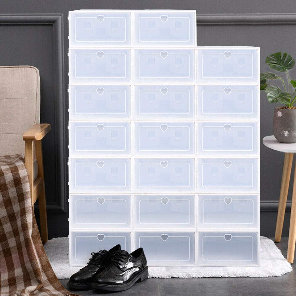 LOYALHEARTDY Shoe Storage Boxes, Foldable Clear Plastic Shoe Organizer Transparent Plastic Storage Shoe, Box Stackable Foldable Clear Window Storage for Sneaker Collection Shoe Container White