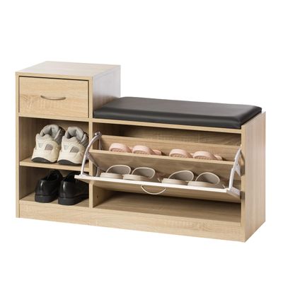 Basicwise Wooden Entryway Shoe Storage Bench with Cushion, Oak