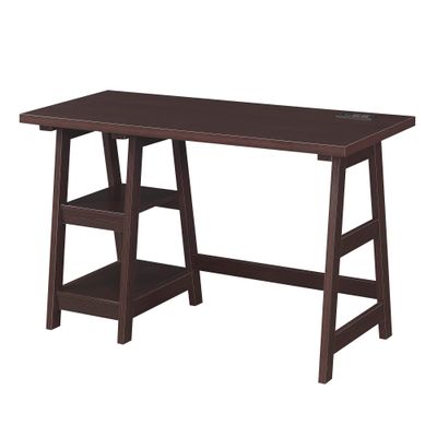 Convenience Concepts Designs2Go Trestle Desk with Charging Station and Shelves, Espresso