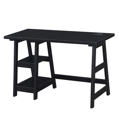 Convenience Concepts Designs2Go Trestle Desk with Charging Station and Shelves, Black