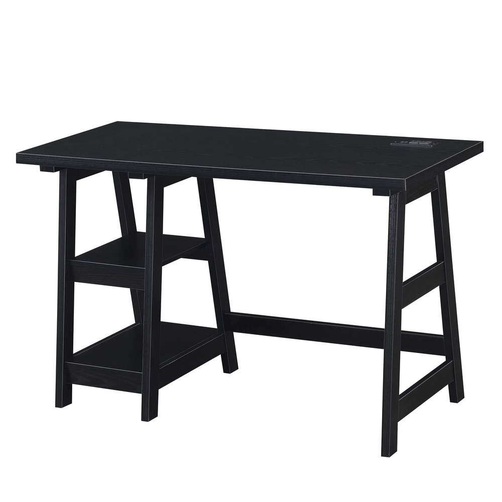 Convenience Concepts Designs2Go Trestle Desk with Charging Station and Shelves, Black