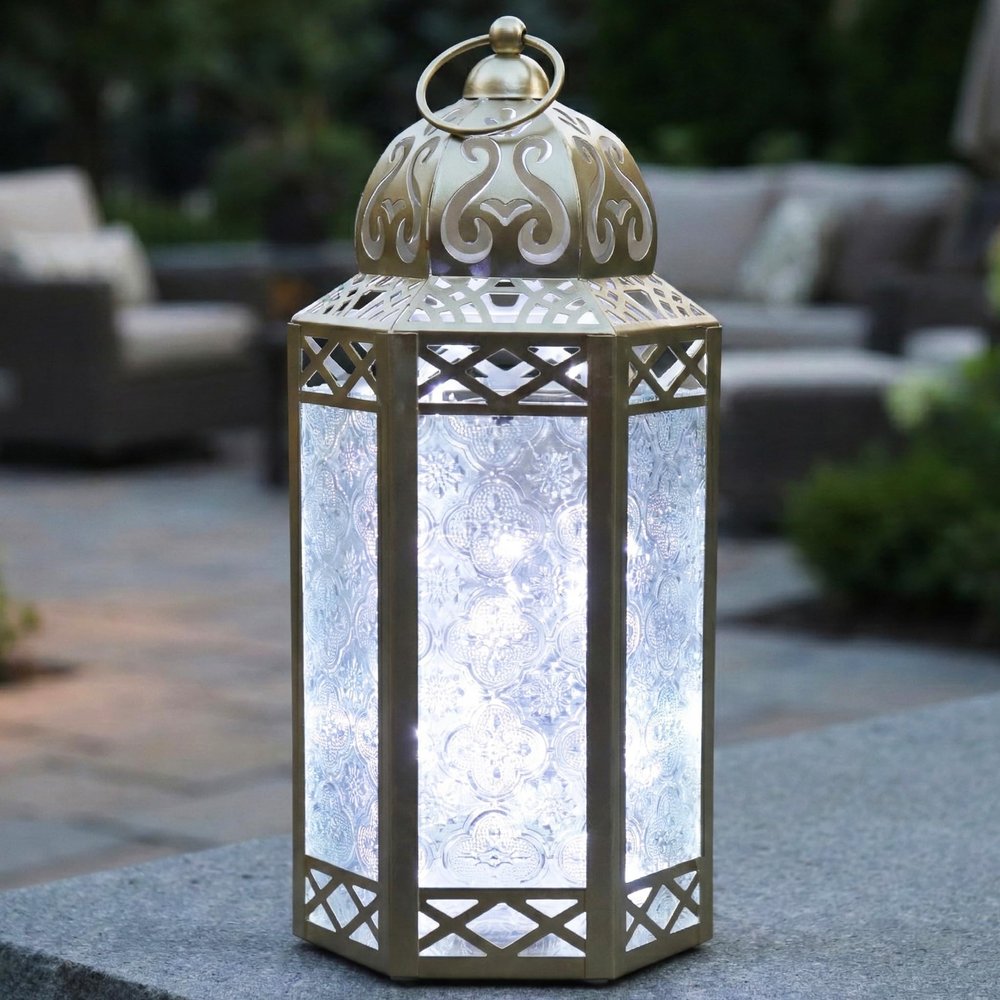 12" White Gold Metal Moroccan Decorative Candle Lantern with LED Twinkle Fairy Lights & Remote  Wedding Table Centerpieces, Indoor Home Decor, Outdoor Patio & Porch, Large