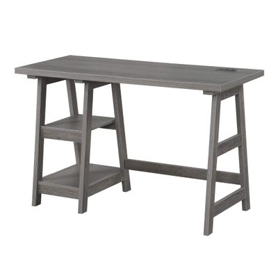 Convenience Concepts Designs2Go Trestle Desk with Charging Station and Shelves, Charcoal Gray