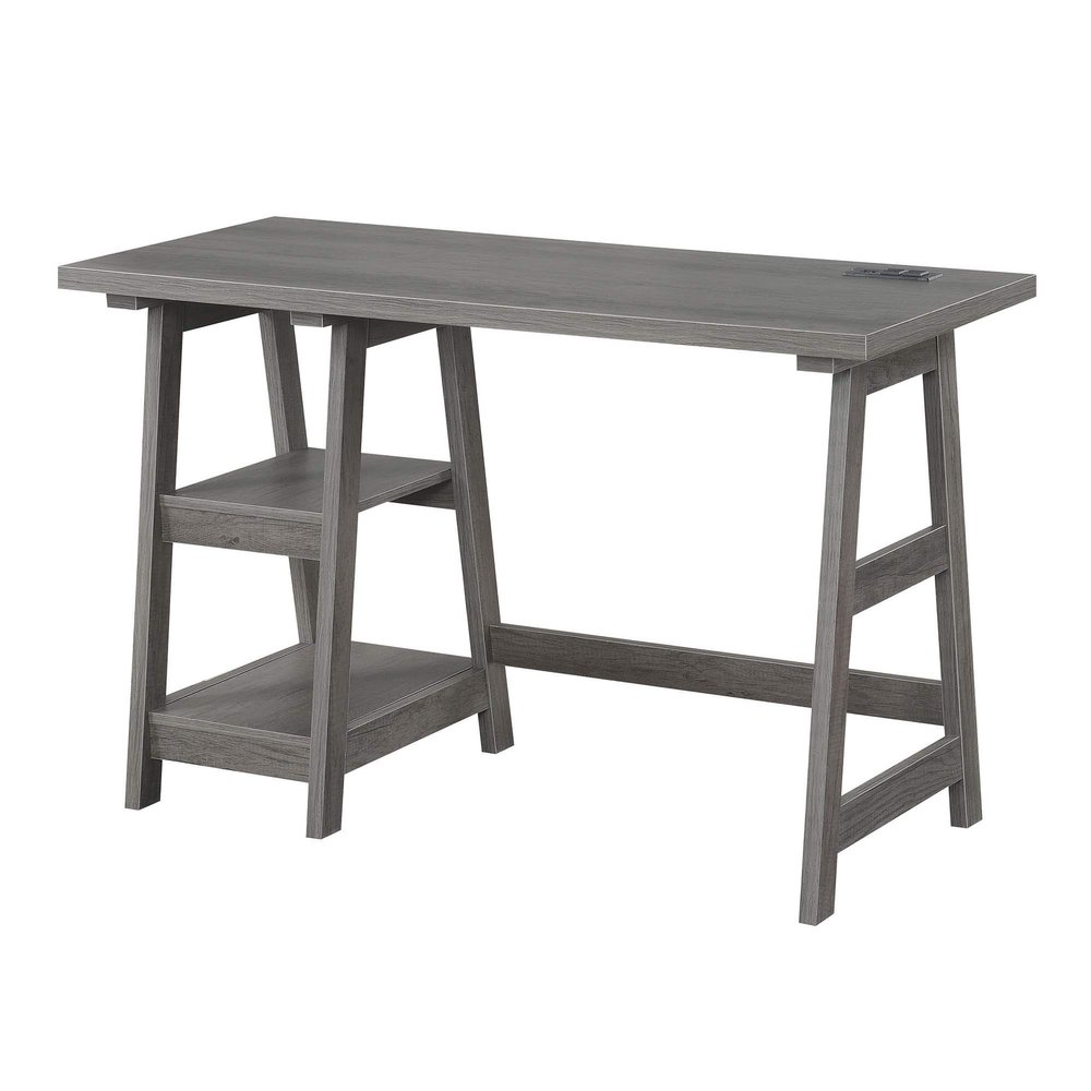 Convenience Concepts Designs2Go Trestle Desk with Charging Station and Shelves, Charcoal Gray