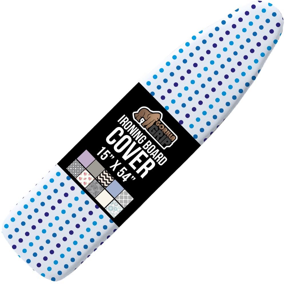 GORILLA GRIP The Original Ironing Board Cover and Pad, Silicone Coating, 400F Scorch Resistant Thick Padding, Heavy Duty Iron Covers Standard Boards, Hook and Loop Fastener Strap, Blue Dots 15x54