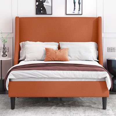 Allewie Full Size Platform Bed Frame with Upholstered Headboard, Modern Deluxe Wingback, Wood Slat Support, Mattress Foundation, Burnt Orange