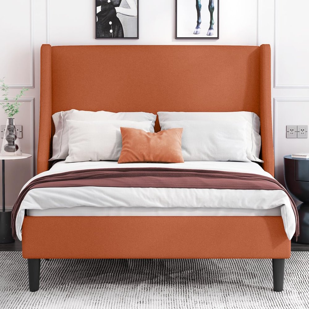 Allewie Full Size Platform Bed Frame with Upholstered Headboard, Modern Deluxe Wingback, Wood Slat Support, Mattress Foundation, Burnt Orange