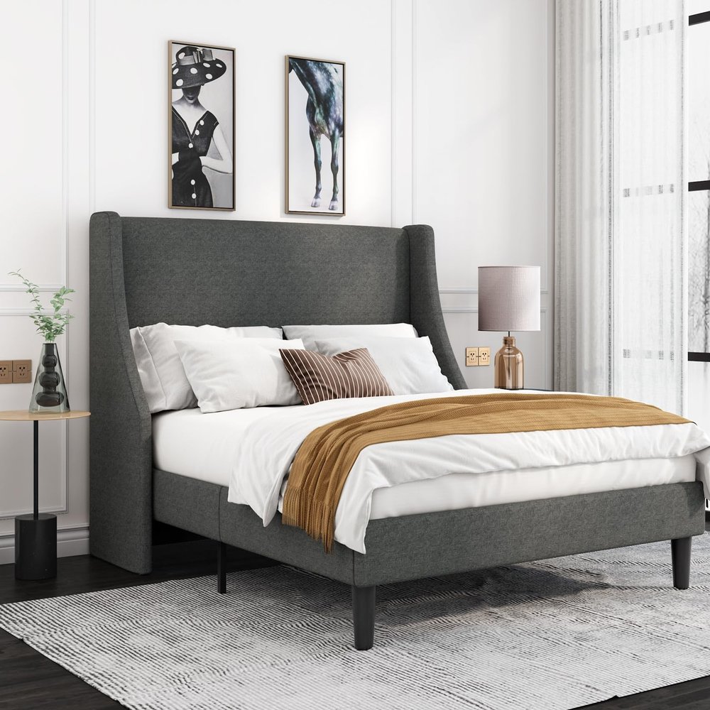 Allewie Platform Bed Frame Full Size with Upholstered Headboard Modern Deluxe Wingback Design, Wood Slat Support, Light Grey