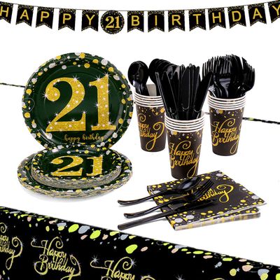21st Birthday Party Supplies Set-16 Guests-Black And Gold Disposable Tableware kit, 21 Years Birthday Decorations, Include Paper Plates, 12oz Cups Napkins Banners Tablecloth Straws Cutlery
