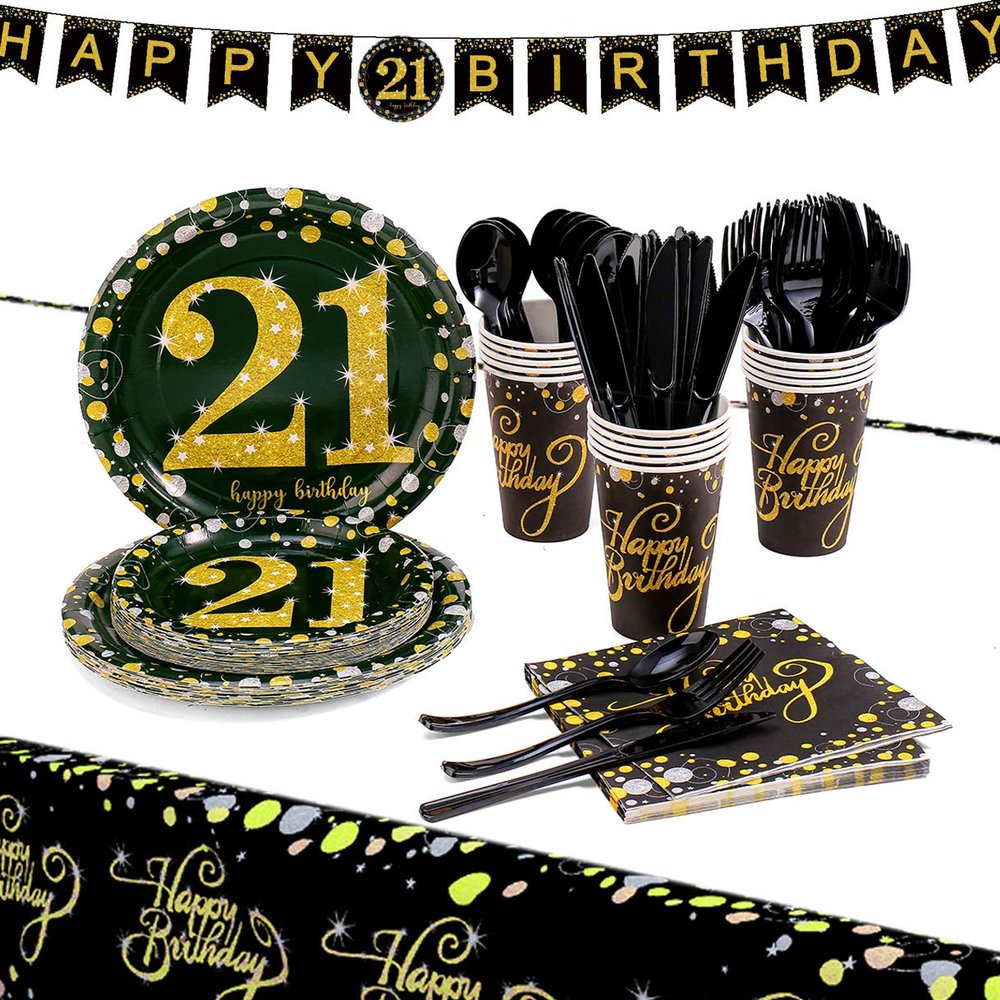 21st Birthday Party Supplies Set-16 Guests-Black And Gold Disposable Tableware kit, 21 Years Birthday Decorations, Include Paper Plates, 12oz Cups Napkins Banners Tablecloth Straws Cutlery
