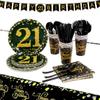 21st Birthday Party Supplies Set-16 Guests-Black And Gold Disposable Tableware kit, 21 Years Birthday Decorations, Include Paper Plates, 12oz Cups Napkins Banners Tablecloth Straws Cutlery view 1