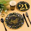 21st Birthday Party Supplies Set-16 Guests-Black And Gold Disposable Tableware kit, 21 Years Birthday Decorations, Include Paper Plates, 12oz Cups Napkins Banners Tablecloth Straws Cutlery view 3