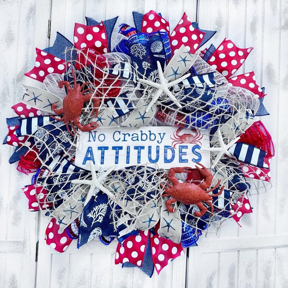 No Crabby ATTITUDES Beach, Coastal, Nautical Wreath. Made with Weather Resistant Mesh, Beach Decor, Crab Ornaments and starfish