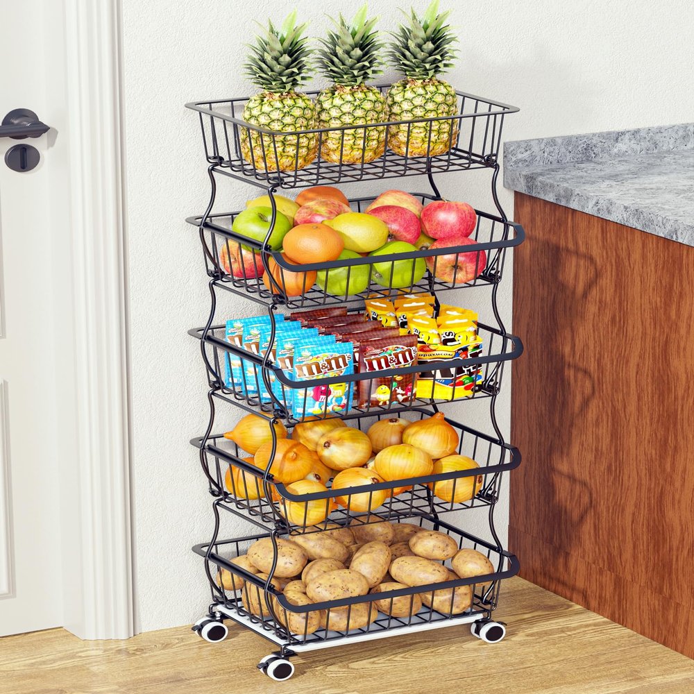OKZEST 5 Tier Fruit Basket for Kitchen, Stackable Bins Wire Rack with Wheels, Fruit and Vegetable Storage Basket Pantry Food Snack Organizer Shelf, Kitchen Storage Cart for Onion and Potato, Produce