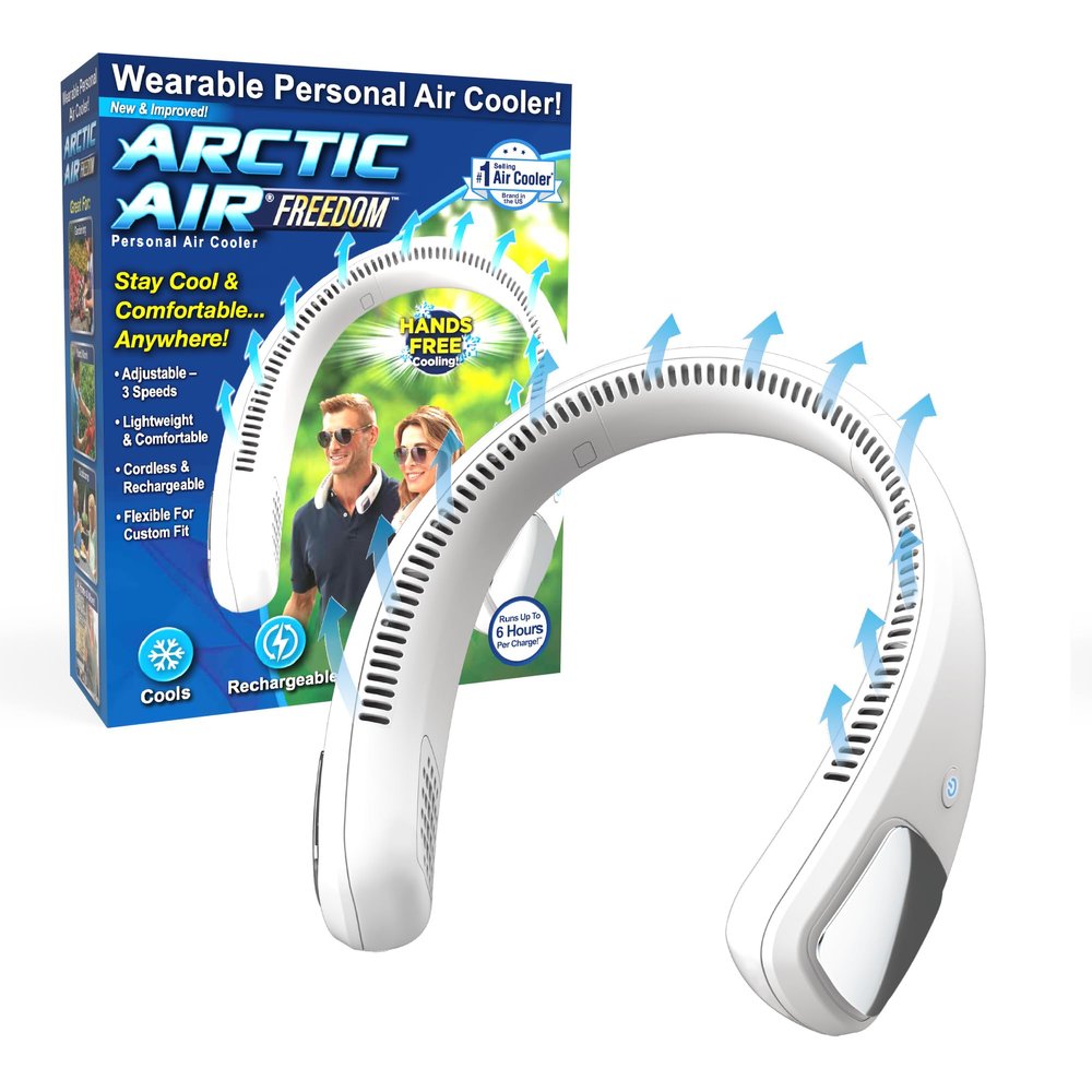 Arctic Air Freedom Personal Air Cooler - Portable 3-Speed Neck Fan, Hands-Free Wearable Design, Lightweight, Cordless And Rechargeable
