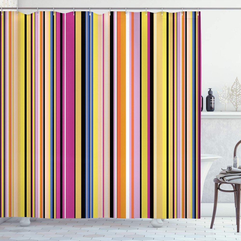 Ambesonne Abstract Shower Curtain, Barcode Lines Like Stripes Vertical Pattern Funky Modern Tile Illustration, Cloth Fabric Bathroom Decor Set with Hooks, 84" Long Extra, Mustard Magenta