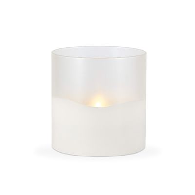 LED 6"D X 6"H Hand-Poured Wax Candle In Frosted Glass. Next Gen LED Flame Patented Technology w/ Adjustable Brightness Control. 2 C Batteries (Not Included). Multi Timer Function 4, 6 & 8 hour.