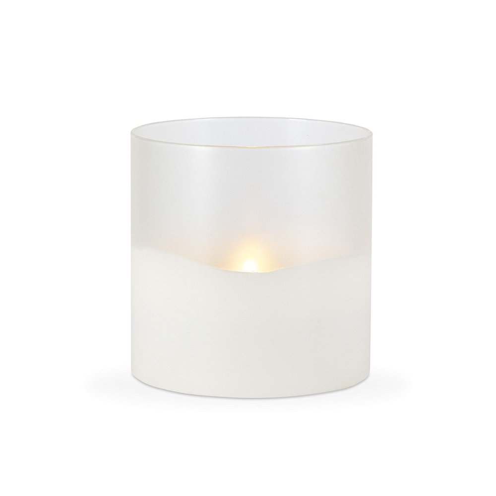 LED 6"D X 6"H Hand-Poured Wax Candle In Frosted Glass. Next Gen LED Flame Patented Technology w/ Adjustable Brightness Control. 2 C Batteries (Not Included). Multi Timer Function 4, 6 & 8 hour.