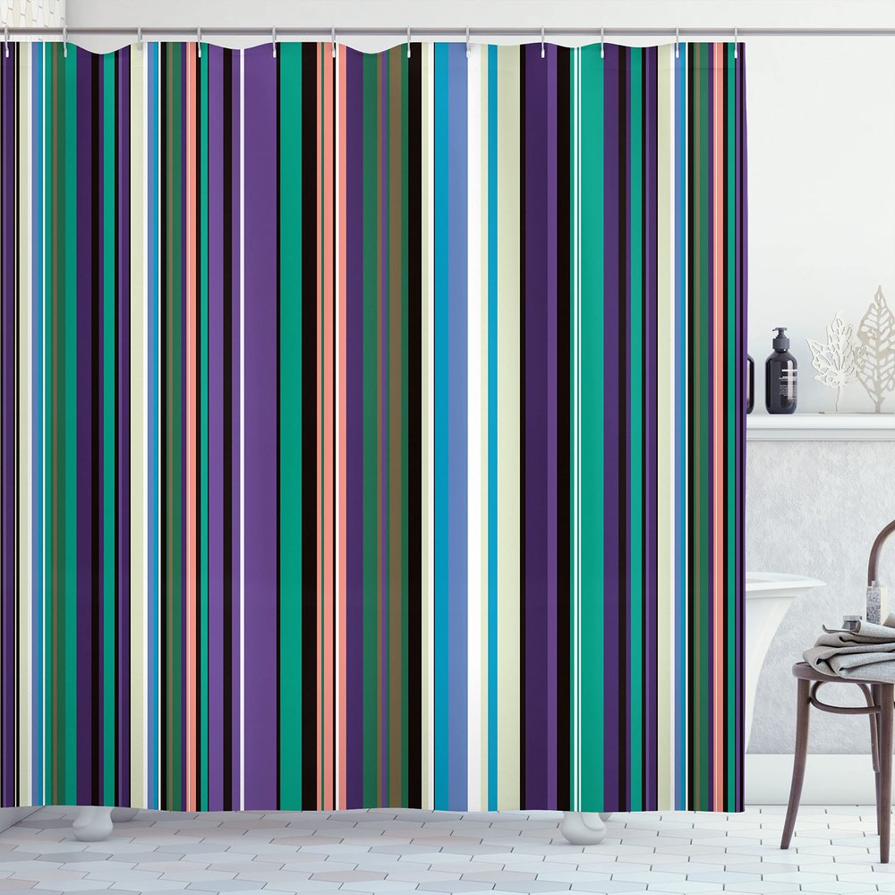 Ambesonne Abstract Shower Curtain, Barcode Lines Like Stripes Vertical Pattern Funky Modern Tile Illustration, Cloth Fabric Bathroom Decor Set with Hooks, 69" W x 84" L, Sea Green