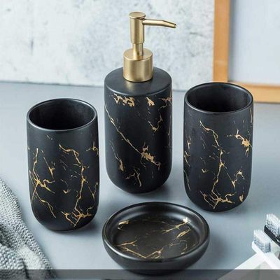 Ceramics Bathroom Accessories Set - Creative Bath Set with Toothbrush Holder, Soap Dish, Lotion Dispenser, Tooth Mug (Blackfour piece)