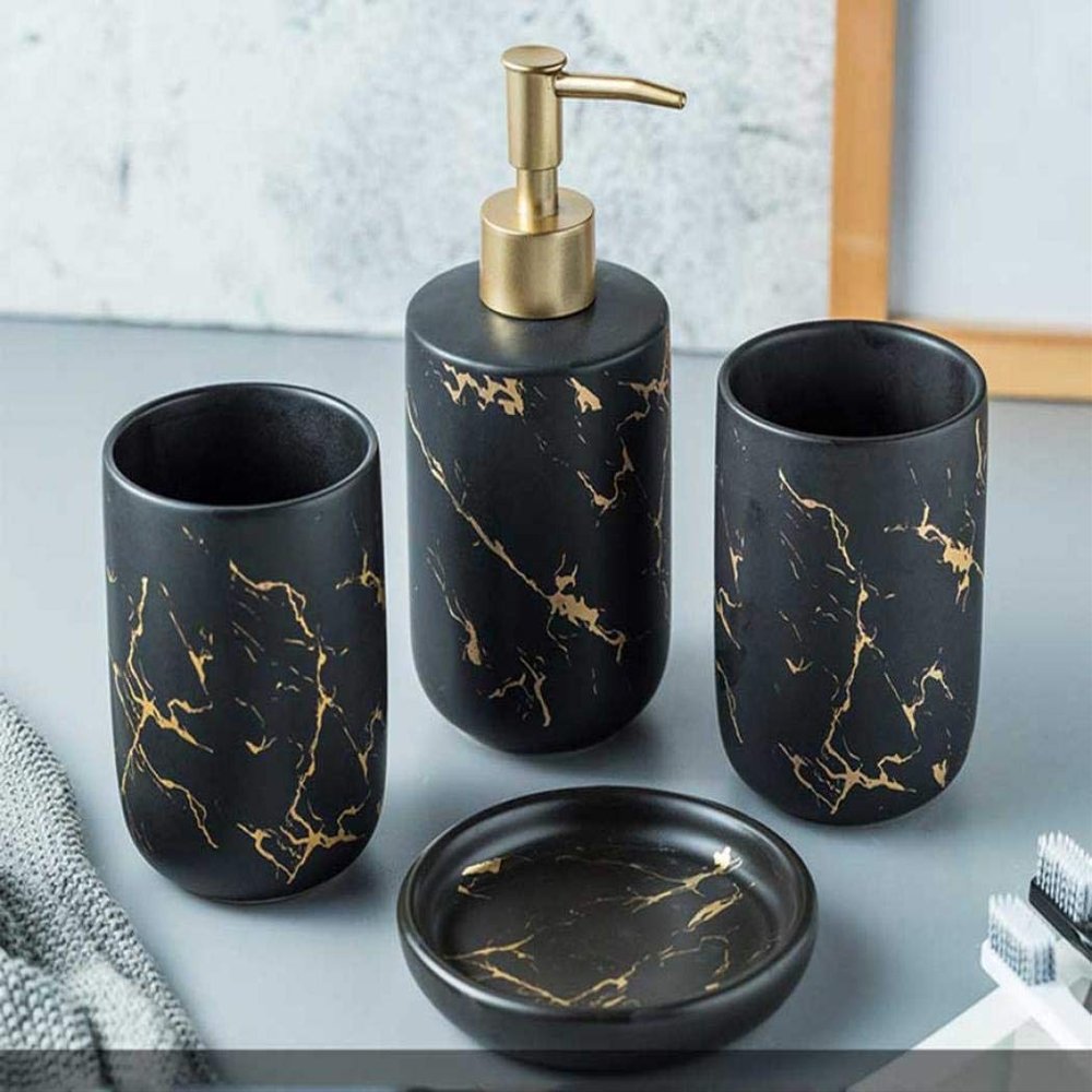 Ceramics Bathroom Accessories Set - Creative Bath Set with Toothbrush Holder, Soap Dish, Lotion Dispenser, Tooth Mug (Blackfour piece)