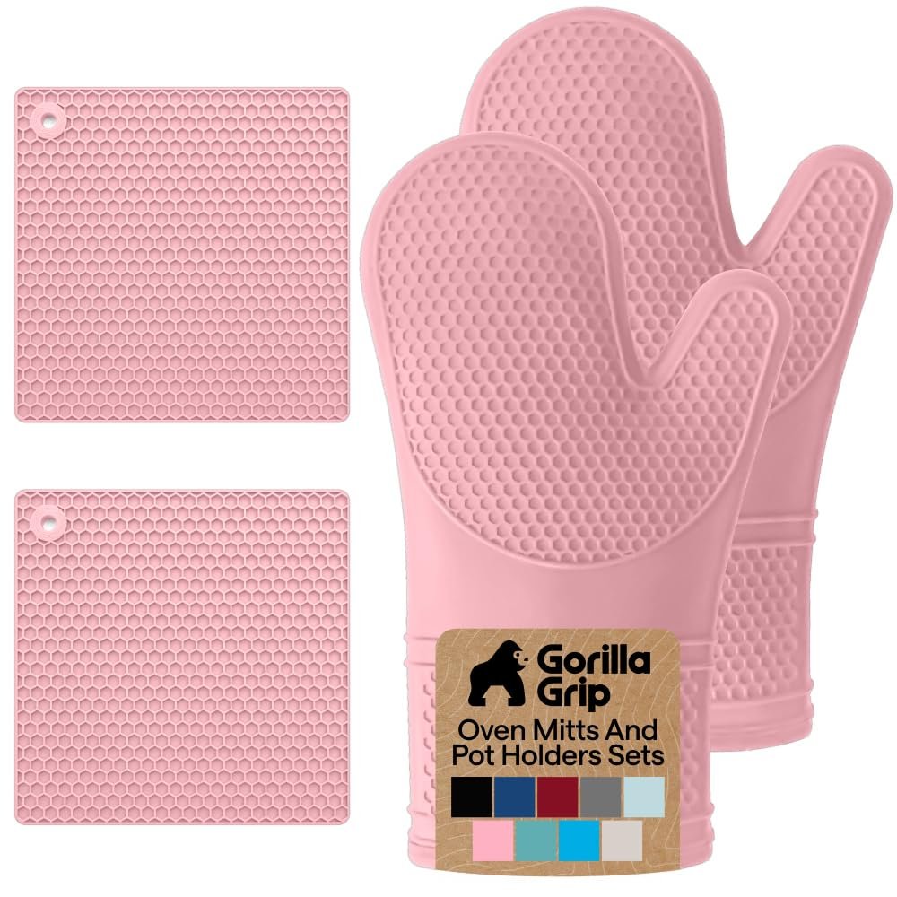 GORILLA GRIP BPA-Free Soft Silicone Oven Mitts and Pot Holders Sets of 4, Heat Resistant Waterproof Cooking Gloves, Thick Cotton Lining, Flexible Gripping for Baking Grilling, Kitchen Trivets, Pink