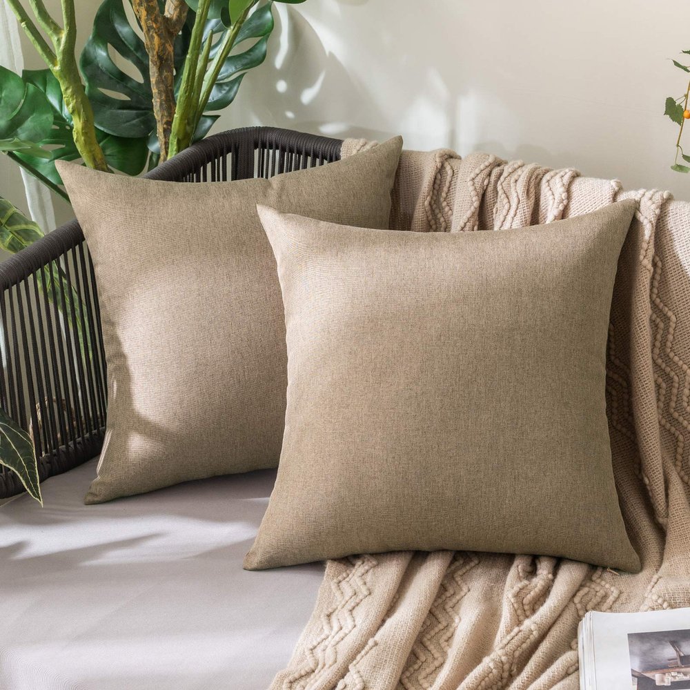 MIULEE Pack of 2 Decorative Outdoor Solid Waterproof Throw Pillow Covers Faux Linen Garden Farmhouse Cushion Cases for Patio Tent Balcony Couch Sofa 20x20 Inch Khaki