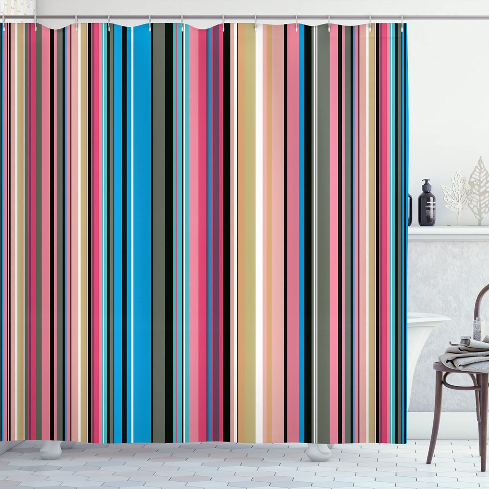 Ambesonne Abstract Shower Curtain, Barcode Lines Like Stripes Vertical Pattern Funky Modern Tile Illustration, Cloth Fabric Bathroom Decor Set with Hooks, 69" W x 70" L, Camel Aqua