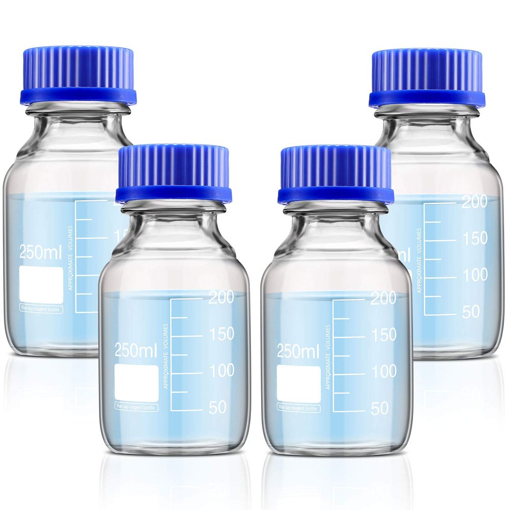 Patelai 4 Pieces Glass Round Media Storage Glass Bottles Borosilicate Media Bottles with GL45 Blue Screw Cap for Lab Water Reagent Liquids(250 ml)