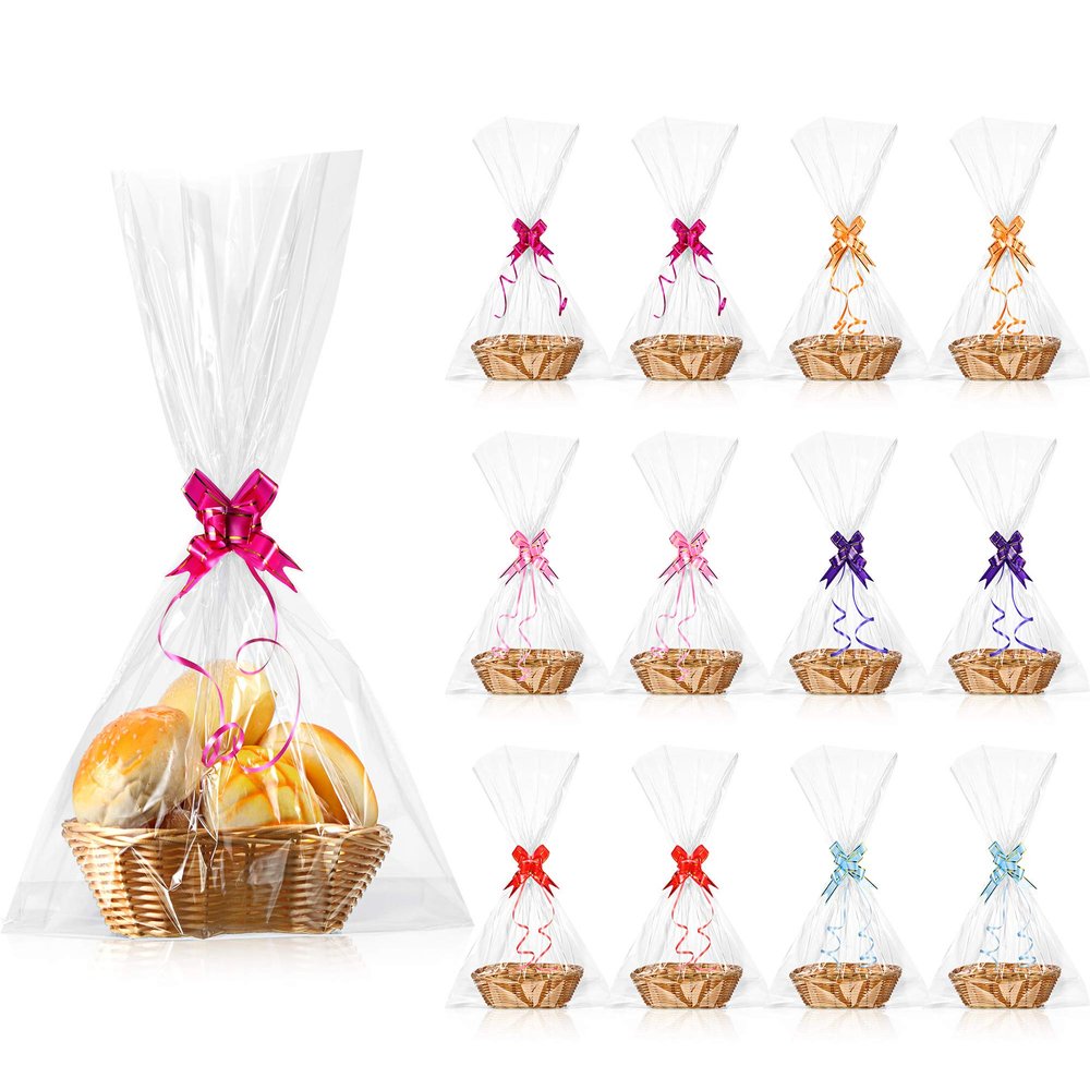 Jetec 12 Pcs Baskets for Gifts Empty, 9 x 6 x 2.24 Inches Woven Basket with 60 Colorful Pull Bows and 30 Clear Bags, Gift Fruit Storage for Thanksgiving, Christmas and Any Occasion(Beige)