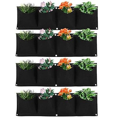 Wall Plant Bag,4Pcs Vertical Hanging Outdoor Wall Planter 4 Pocket Plant Grow Bag Wall Mounted Reusable Degradable Felt Garden Planter Succulents Artificial Flowers. (Black)